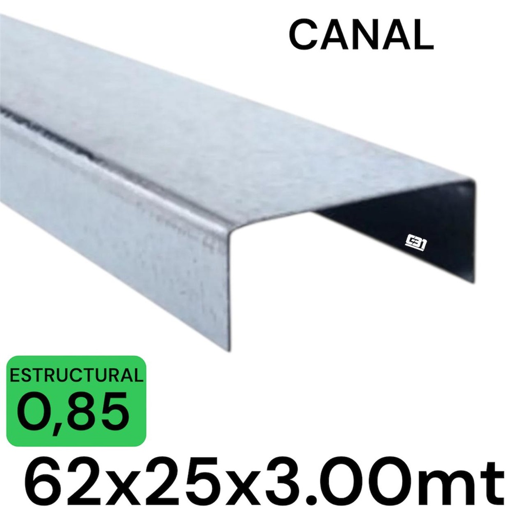 METALCON CANAL 62X3MT 0.85MM U 2x3